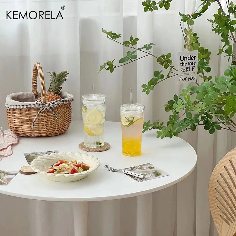 KEMORELA 600ml Stripe Glass Cup with Lid & Straw | 1-2 Pack Glass Tumbler Set Axl