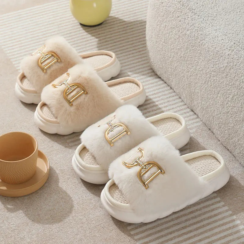 Women's Fluffy Fur Slides Buckle Decor Faux Fur Slippers Fluffy Fur Slides Axl