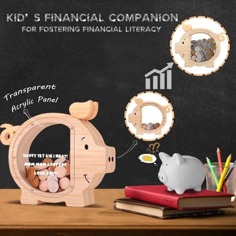 Solid Wood Pig Piggy Bank Figurine – Minimalist Home Decor Wooden Piggy Bank Axl