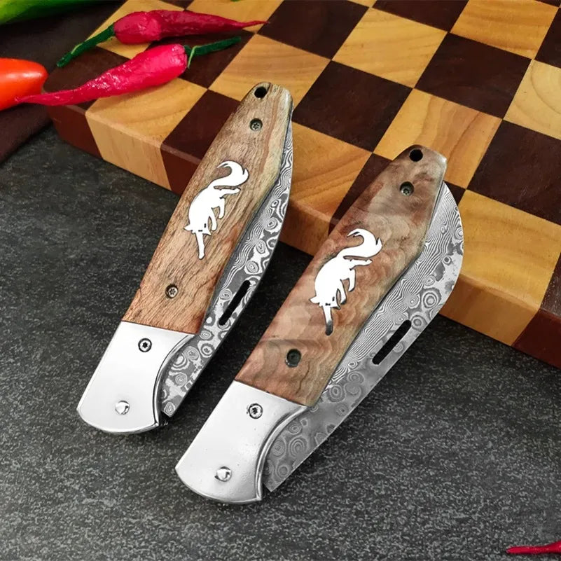 InLeung Damascus Steel Folding Knife – Wood Handle | 9cm Blade Folding Kitchen Knife Axl