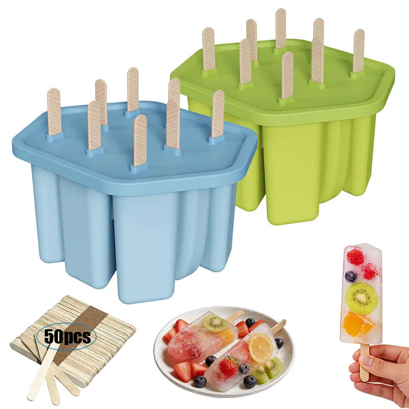 Silicone Popsicle Molds 8/10 Grid Ice Pop Maker + 50 Sticks Ice Pop Mold Set Axl