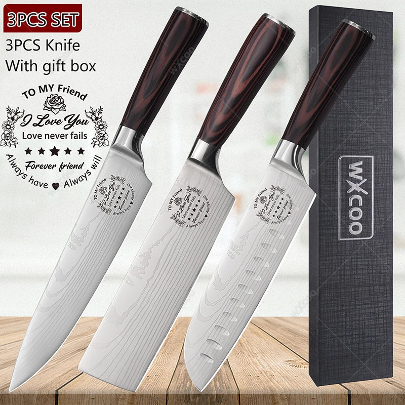 WXCOO Japanese Chef Knife 5Cr15Mov Steel Santoku Boning Knife Chef Kitchen Knife Axl 3PCS
