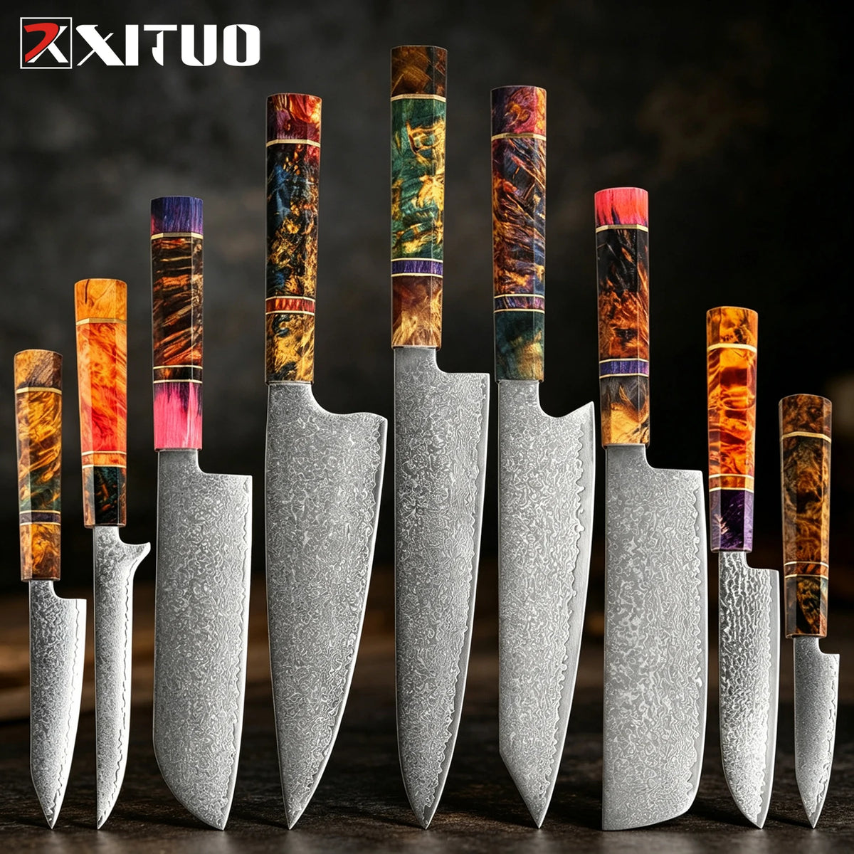 XITUO Damascus Steel Chef Knife Set – VG10 Core, Wood Handle Kitchen Knife Set Axl