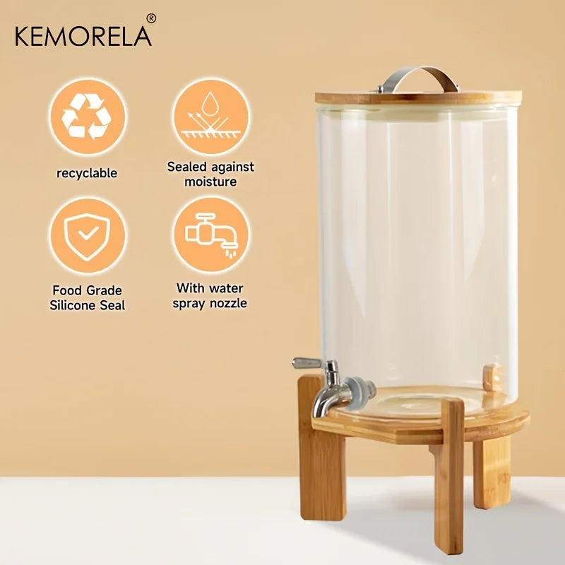 5L Glass Beverage Dispenser with Wood Stand & Spigot | KEMORELA Beverage Dispenser Axl