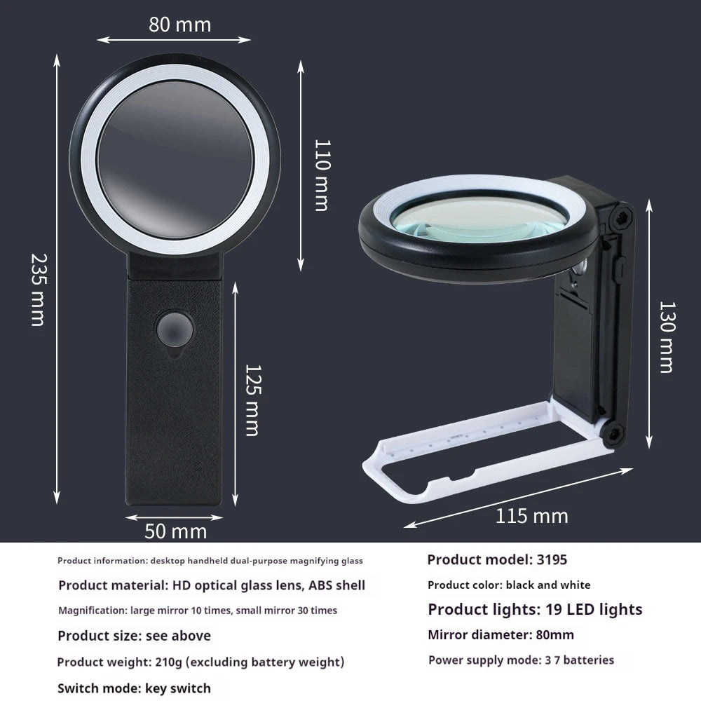 Desktop & Handheld Magnifying Glass 30X 10X with 18 LED Lights LED Magnifying Glass Axl black