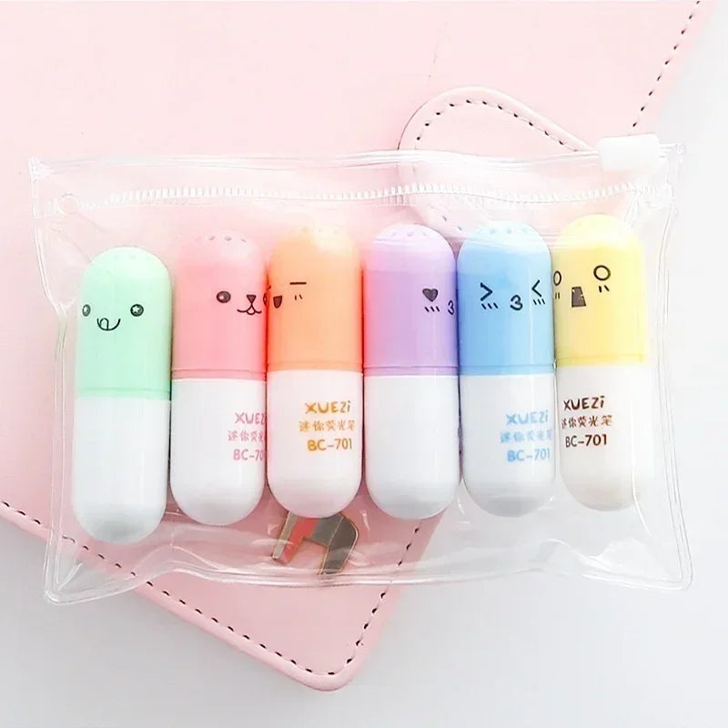 6-Pack Mini Pill Highlighter Pens – Cute Colored Markers for Kids Highlighter Pen Set Axl 6 COLORS