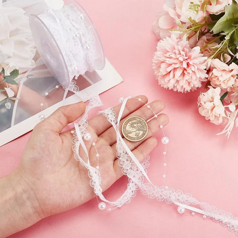 Pearl Beaded Lace Trim Ribbon – White Polyester 20mm, 5m Roll Craft Lace Trim Axl