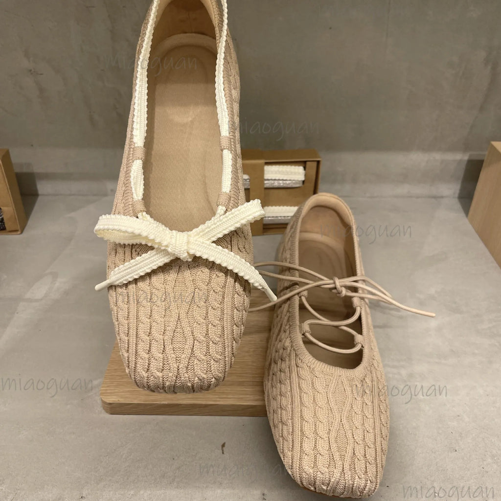 Women's Knit Ballet Flats – Square Toe Cross Strap Lace-Up Ballet Flats Axl
