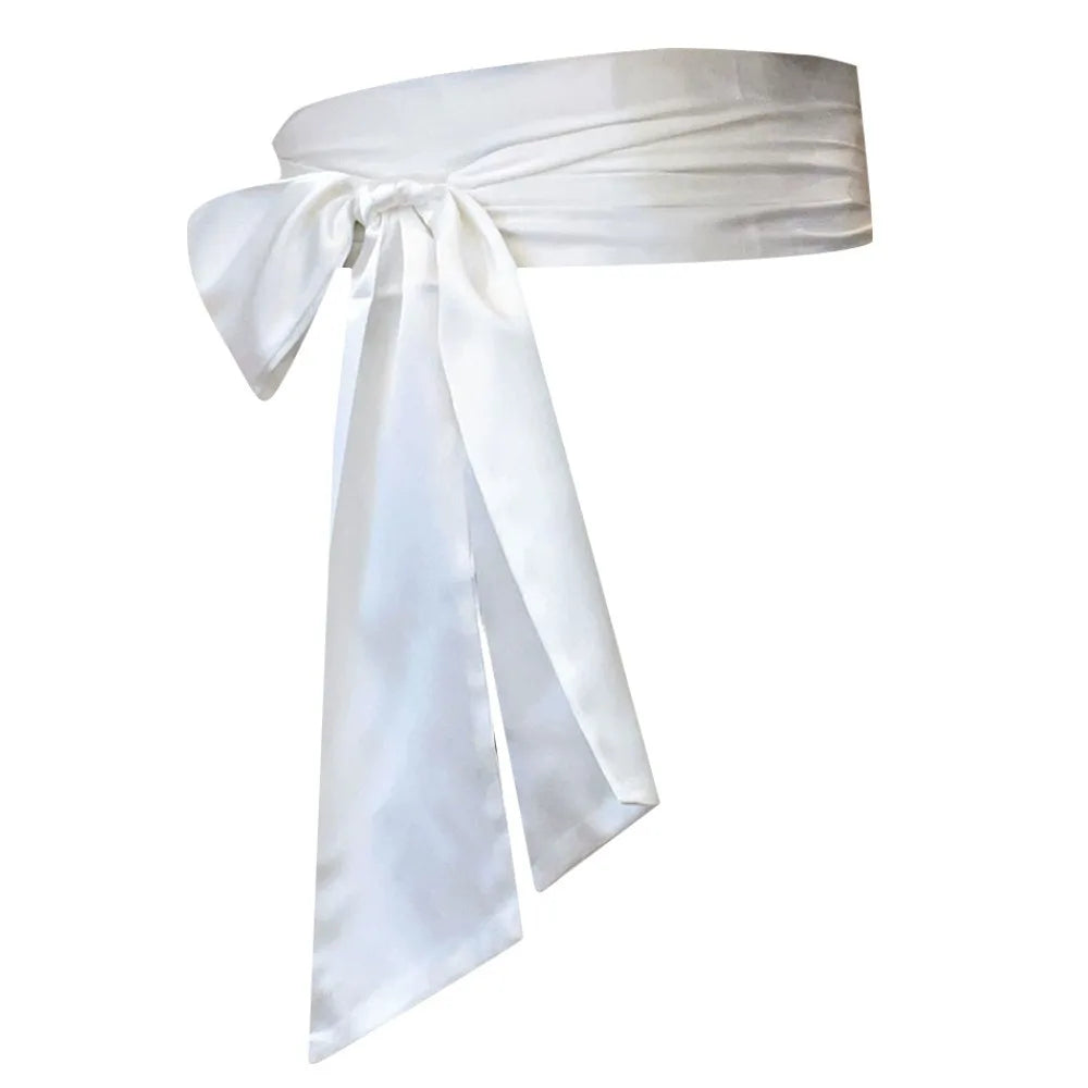 Women's Satin Bow Waist Belt – Wide Cummerbund Ribbon Strap Satin Waist Belt Axl White