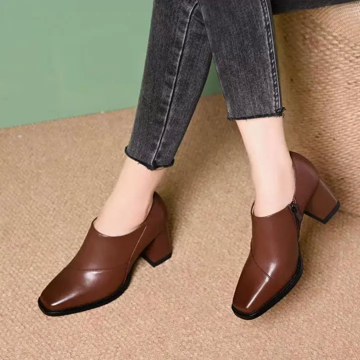 Retro Square Toe Women's Pumps – 7cm Block Heel | Black Brown Women's Block Heel Pumps Axl