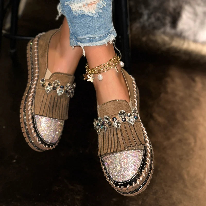 Women's Rhinestone Cow Suede Loafers – Flat Slip-On Shoes Suede Loafers Axl