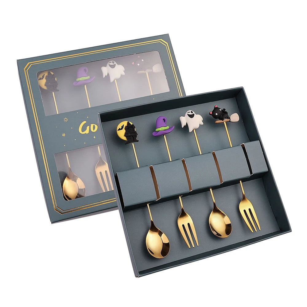 4-Piece Halloween Stainless Steel Spoon & Fork Set – Gift Box Flatware Gift Set Axl 4PCS Green Box E