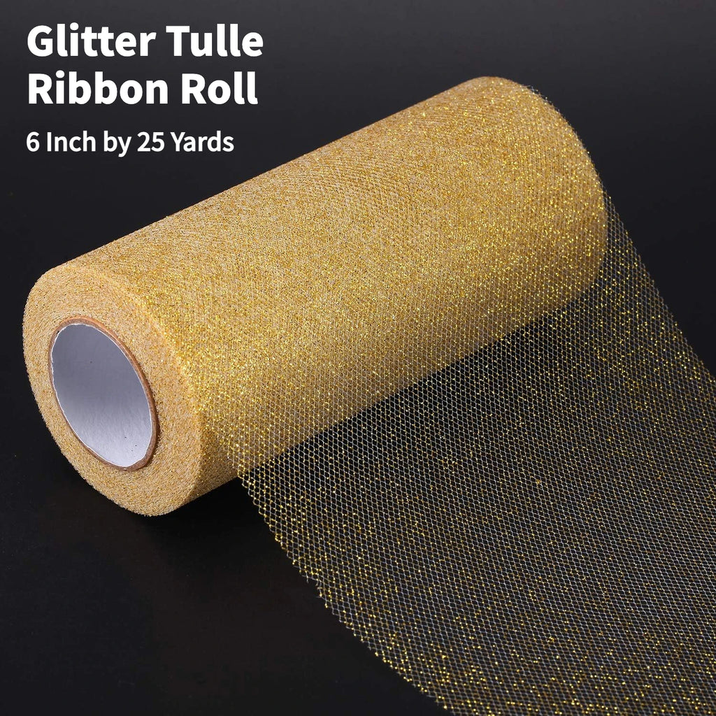 Gold Glitter Tulle Roll – 6" x 25 Yds Shimmer Mesh Ribbon Craft Fabric Ribbon Axl