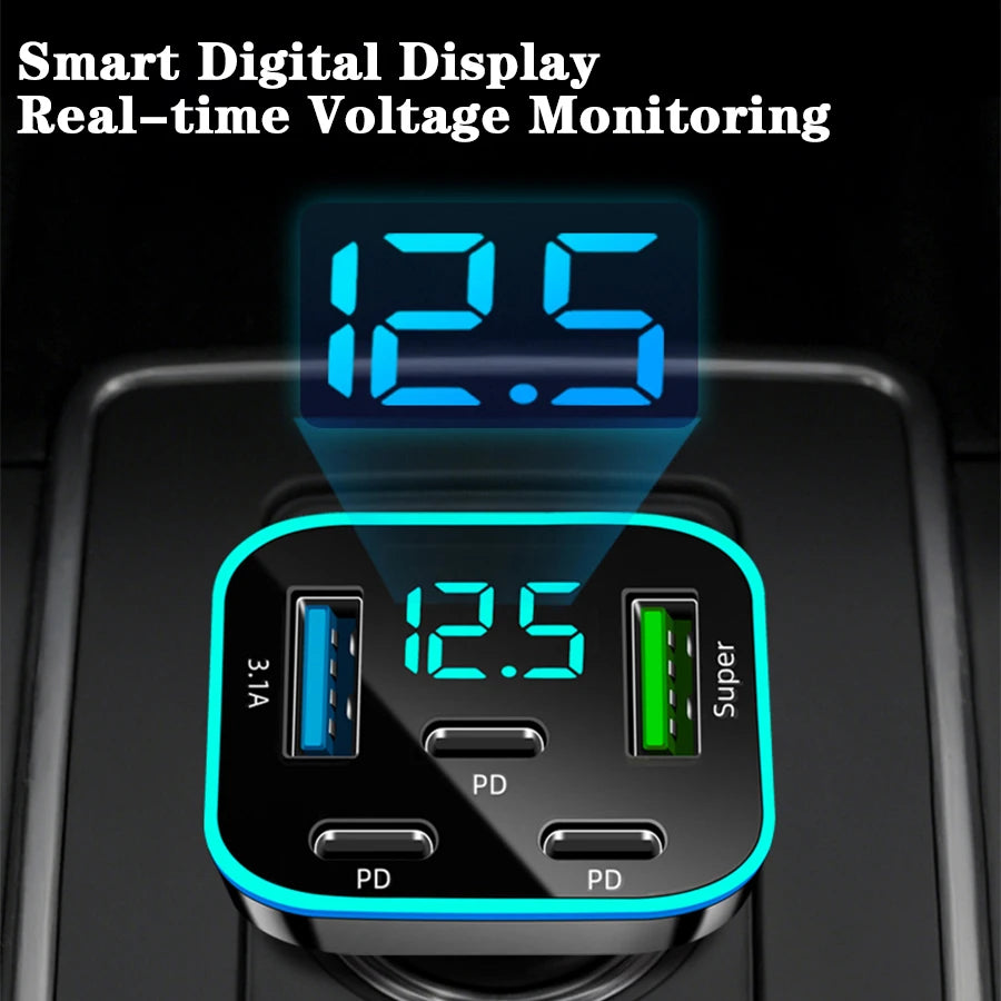 5-Port Fast Car Charger – 3x USB-C PD, 2x USB, Digital Display Car Charger Axl