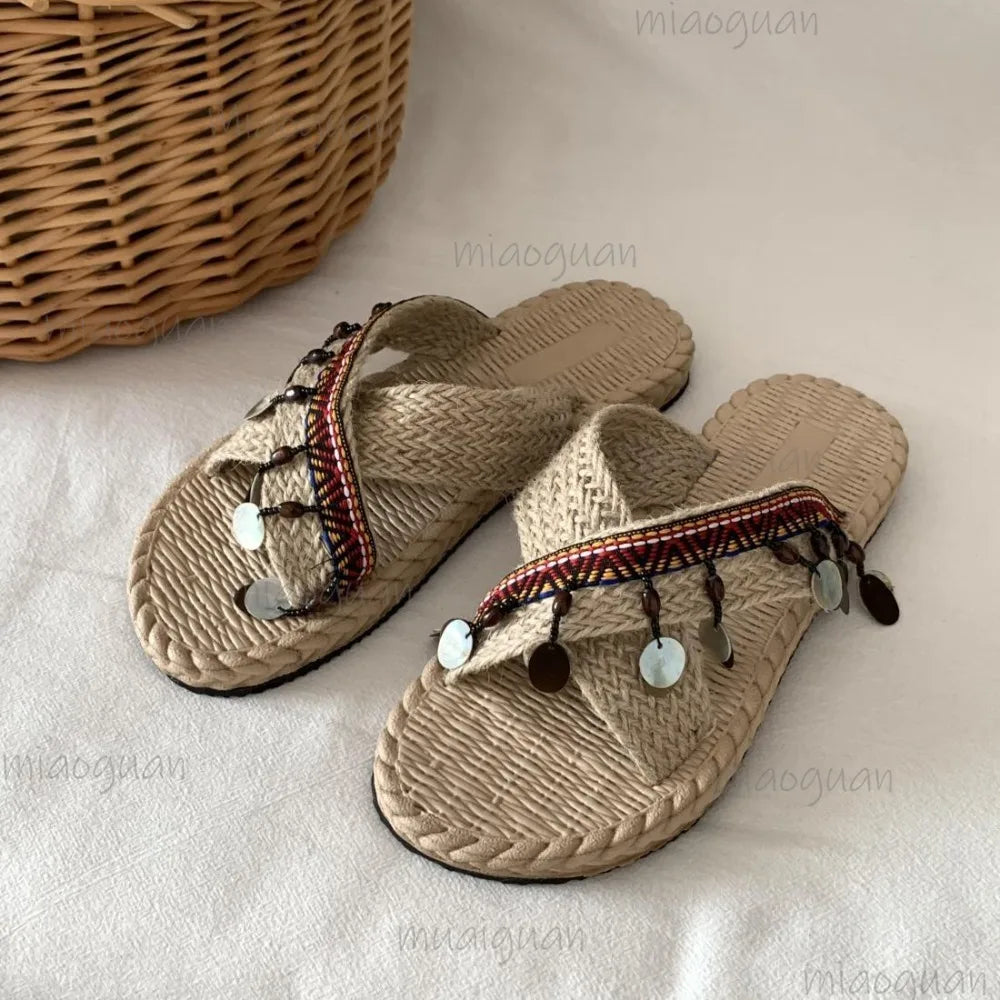Women's Bohemian Braided Beach Slides – Summer Slippers Beach Slide Slippers Axl