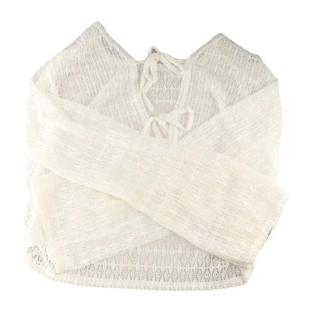 Mesh Crochet Beach Cardigan – Hollow Knit Sun Cover-Up Top Beach Cover-Up Cardigan Axl white One Size