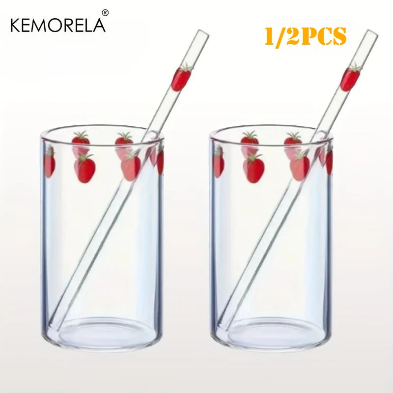 Cute Strawberry Glass Cup with Straw 300ml | KEMORELA Mug Glass Drinkware Axl