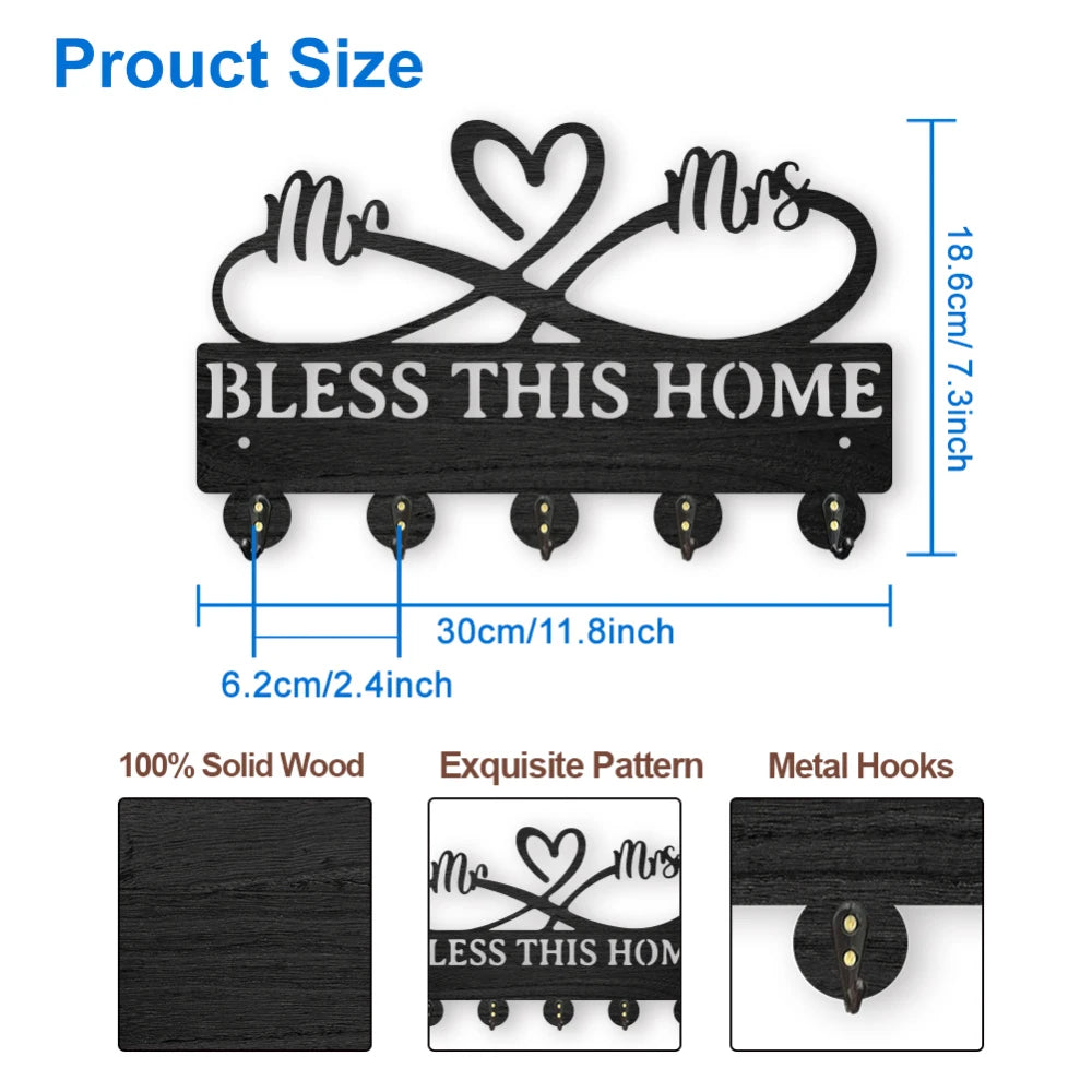 Wood Wall Key Rack with 5 Hooks – Black Entryway Organizer Wall Key Rack Axl AECH04-06400