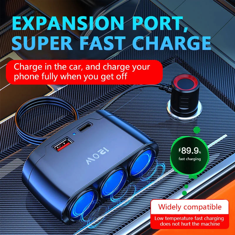 120W Car Charger Adapter – 3-Port USB + PD 12V/24V Universal Car Charger Adapter Axl