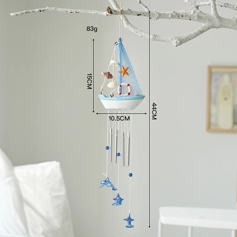 Mediterranean Wooden Sailboat Wind Chime | Nautical Hanging Decor Wind Chime Ornament Axl A3
