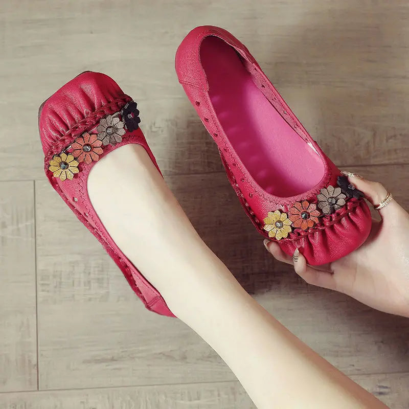 Women's Genuine Leather Floral Loafers | Wide Fit Flat Moccasins Leather Flat Loafers Axl