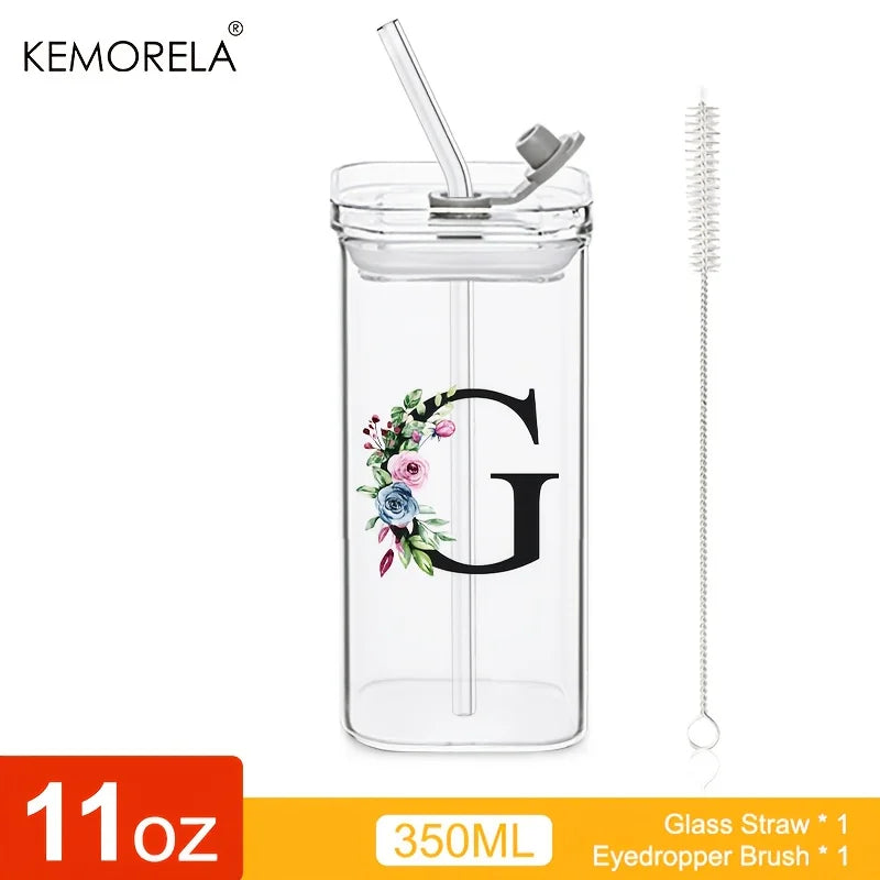 KEMORELA 300ml Letter-Shaped Glass Tumbler with Lid & Straw Glass Tumbler Axl G 300ML