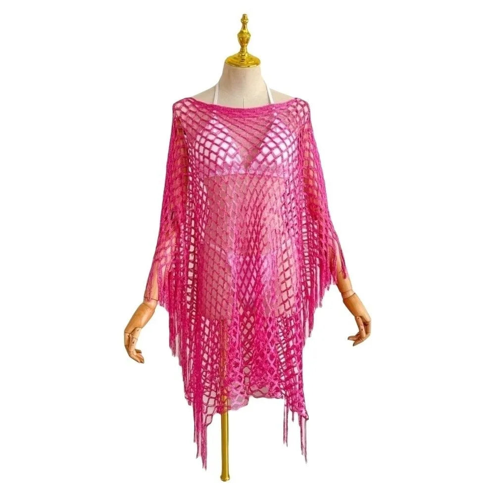 Boho Crochet Fishnet Swimsuit Cover-Up Tassel Shawl Swimsuit Cover-Up Axl Rose Red One Size