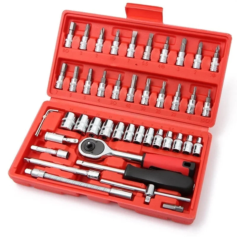 46-Piece Car & Home Tool Kit – Socket, Wrench & Screwdriver Set Hand Tool Kit Axl Red