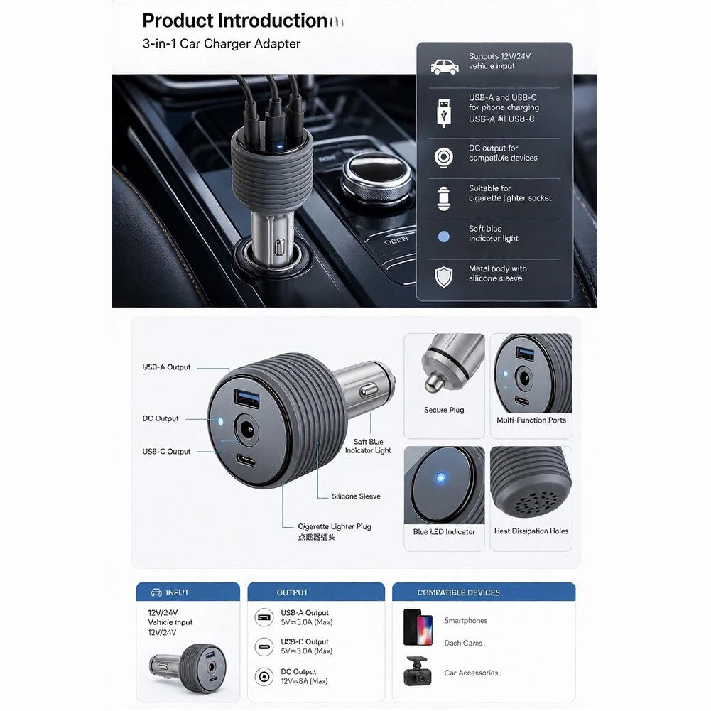 3-in-1 Car Outlet Adapter 105W – USB-A, USB-C PD & DC 12V/24V Car Power Adapter Axl