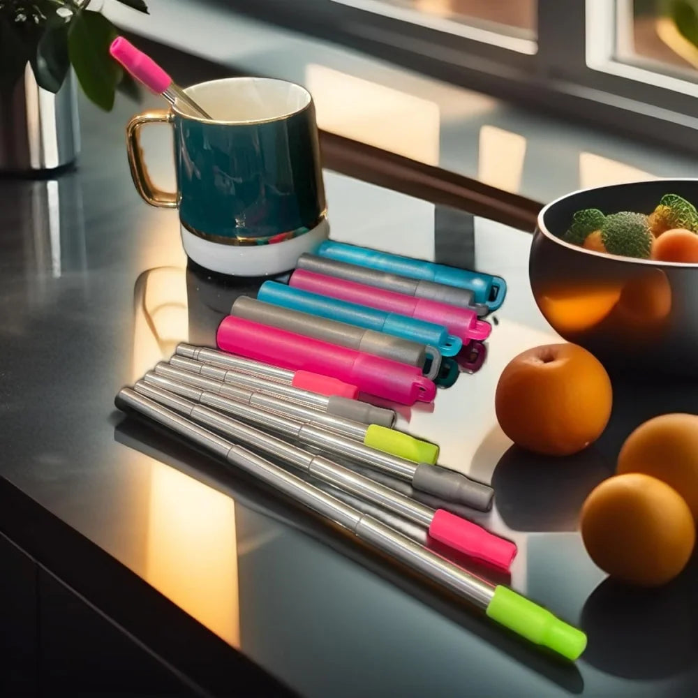 Collapsible Stainless Steel Travel Straws with Case & Brush Reusable Travel Straws Axl