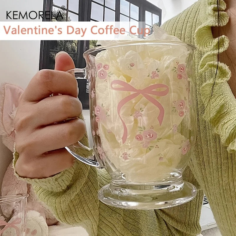 KEMORELA 450ml Floral Rose Glass Cup | U-Shaped Coffee Glass Glass Coffee Cup Axl