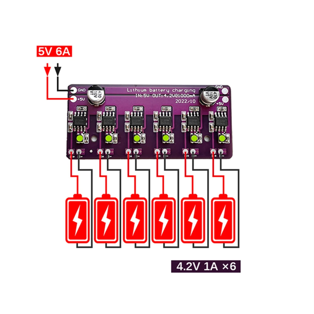 18650 Lithium Battery Charger Board 4056 – 6-Channel 5V 1A PCB Battery Charger Board Axl