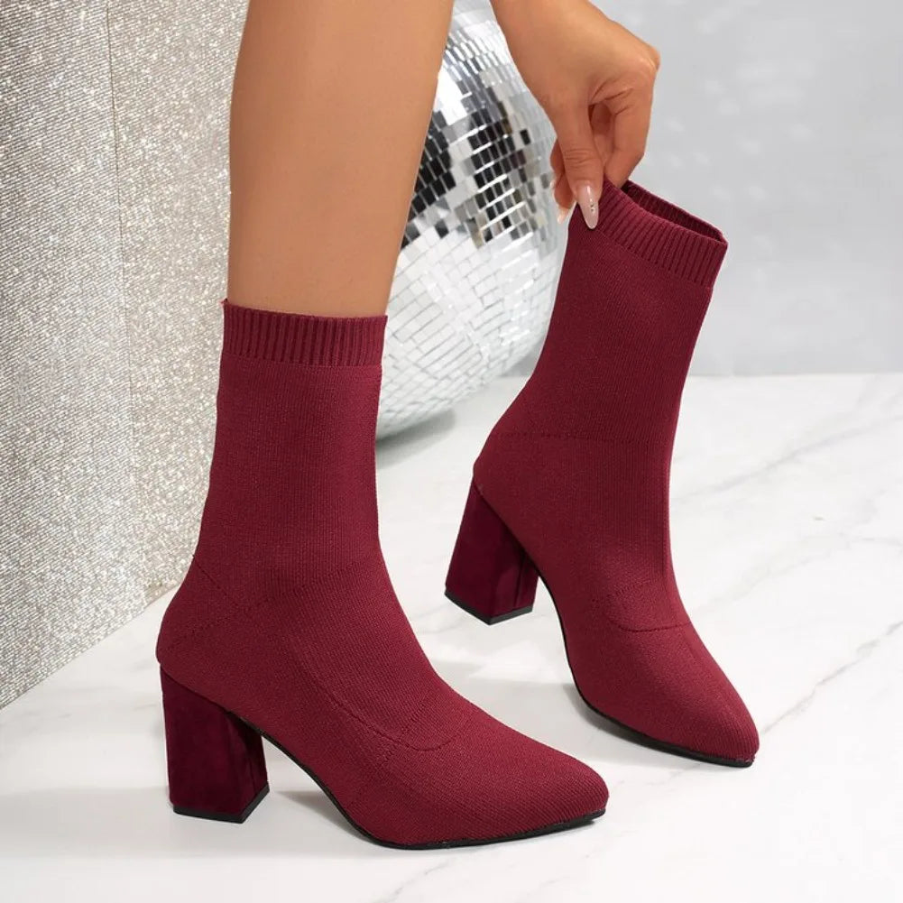 Women's Stretch Knit Sock Ankle Boots – Pointed Toe Chunky Heel Sock Ankle Boots Axl