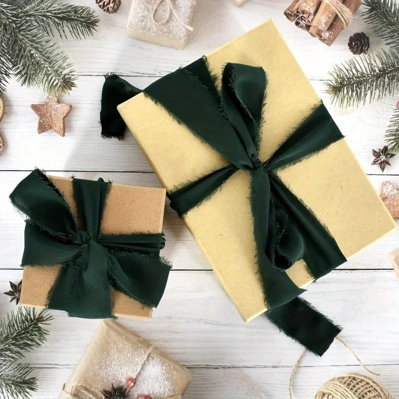 Dark Green Fringe Chiffon Ribbon – 2 Rolls for Crafts & Gifts Craft Ribbon Set Axl