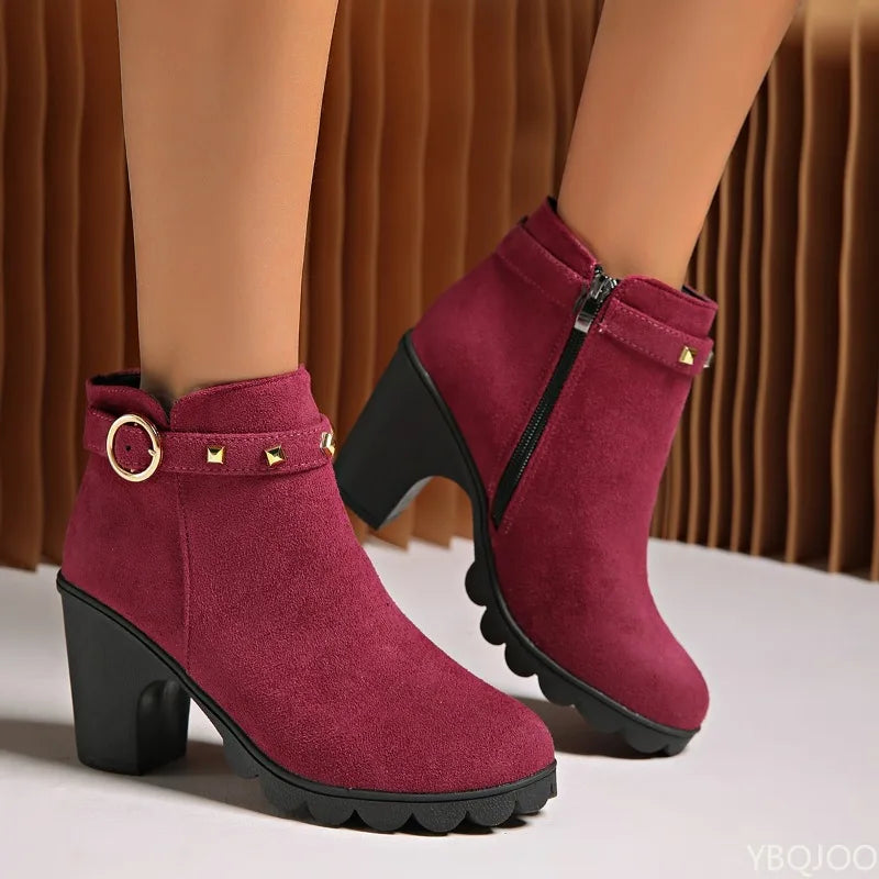 Women's Suede Block Heel Ankle Boots – Side Zip, Wide Sizes Heeled Ankle Boots Axl 36 wine red