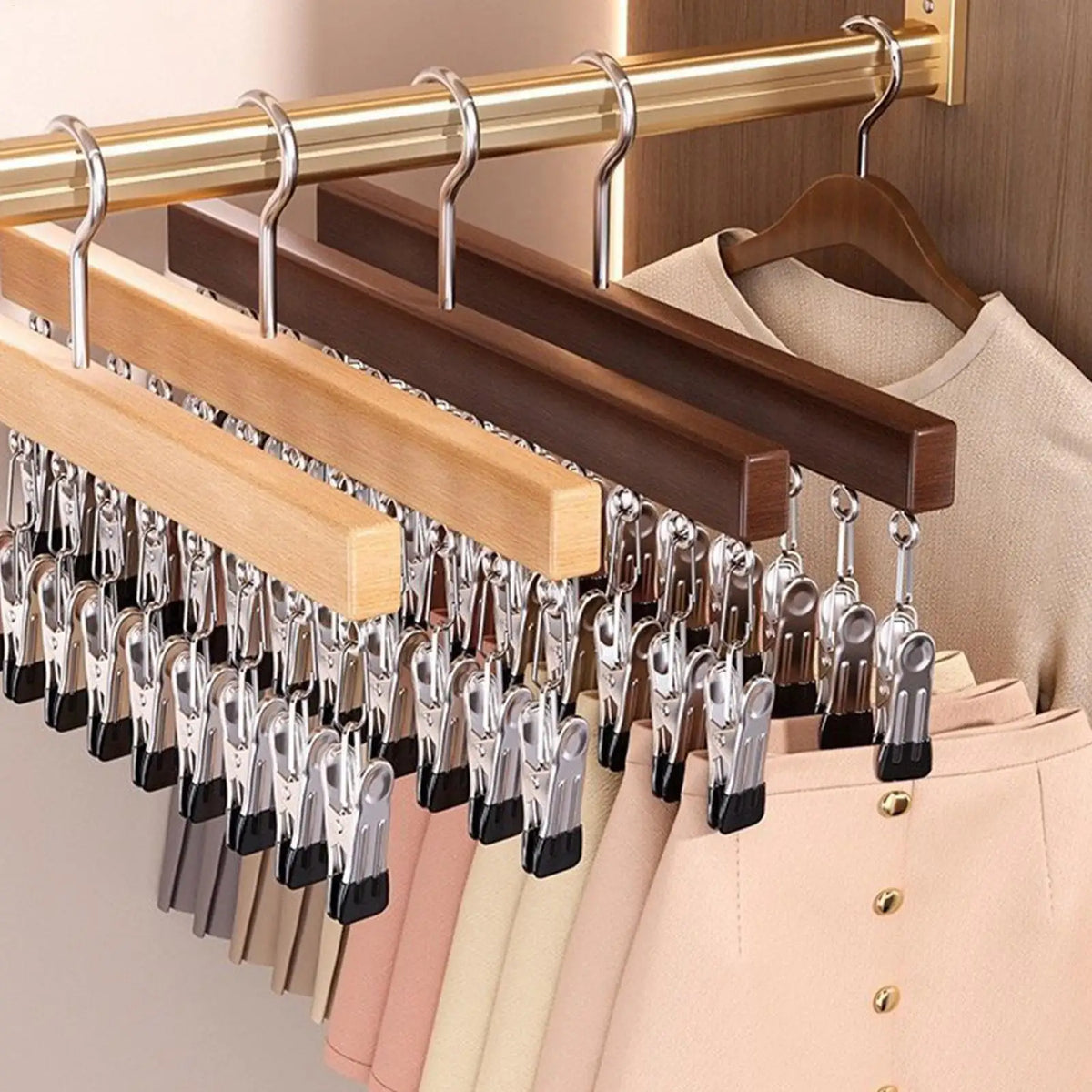 Wood Pants Hanger 12 Clips – Space-Saving Wardrobe Organizer Clothing Hanger Organizer Axl