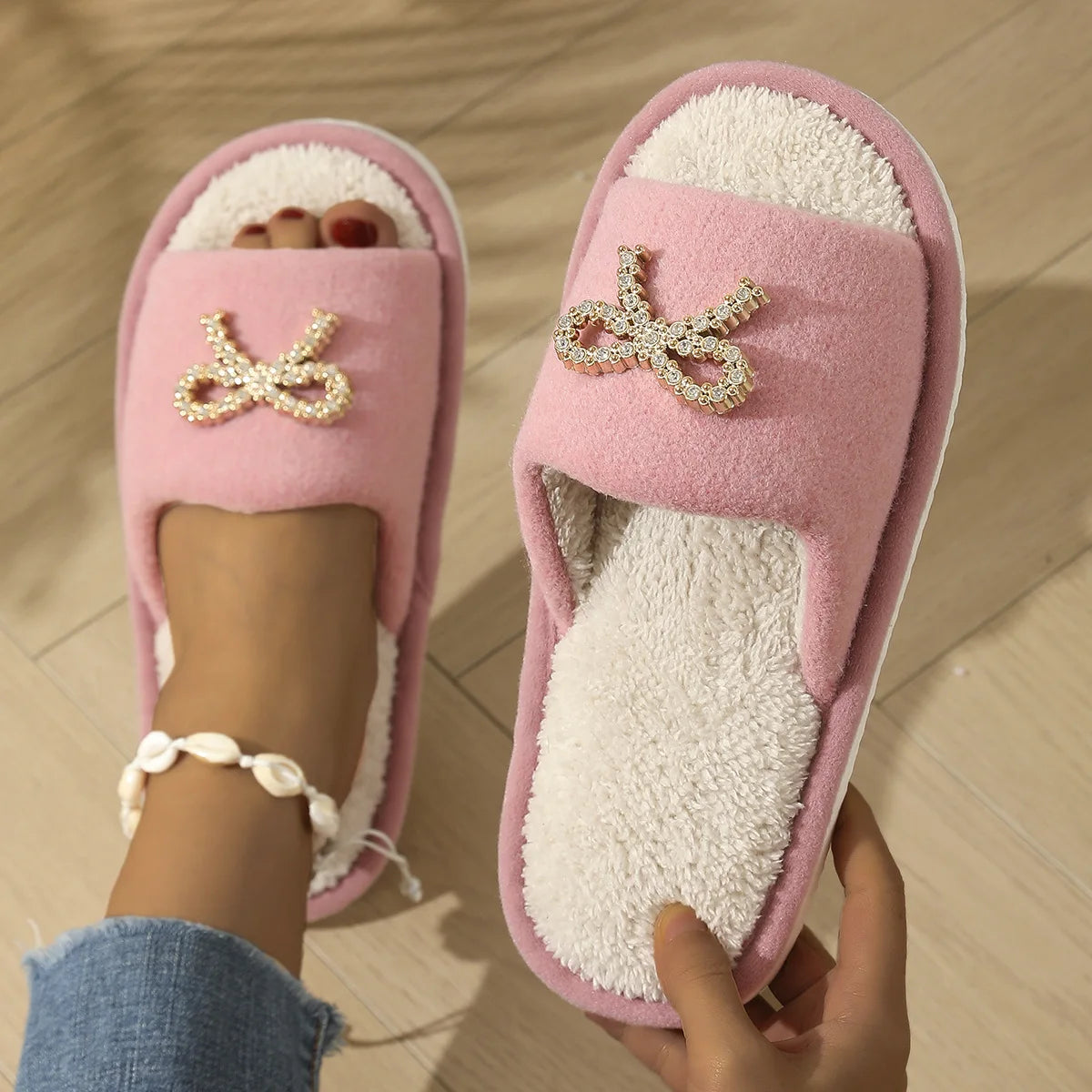 Women's Open Toe Plush Slippers – Butterfly-Knot Cork Sole Women's Slippers Axl pink 44-45