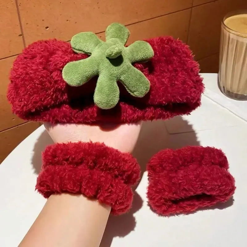 Strawberry Terry Cloth Headband & Wristband Set – 3 Pcs Hair Accessory Set Axl