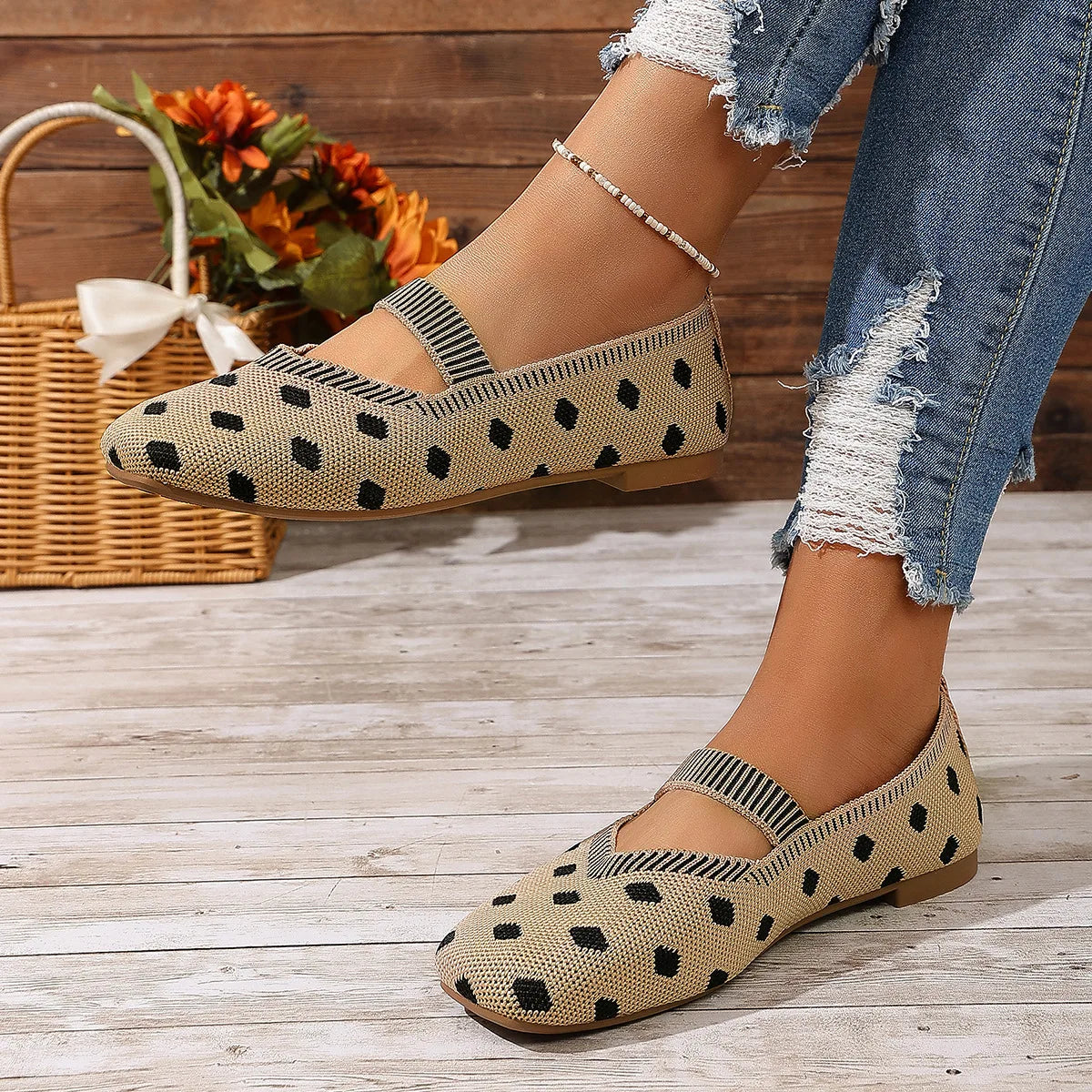 Women's Polka Dot Mary Jane Flats – Casual Woven Slip-On Mary Jane Flats Axl dark khaki 39
