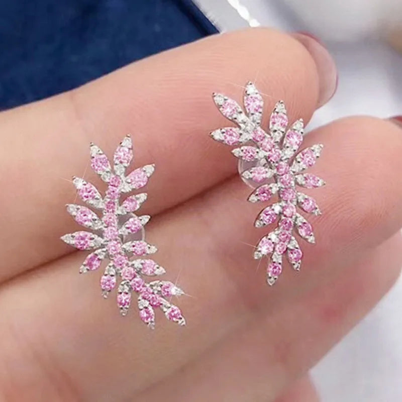 Huitan Silver Leaf CZ Stud Earrings – Women's Fashion Jewelry CZ Stud Earrings Axl E2380