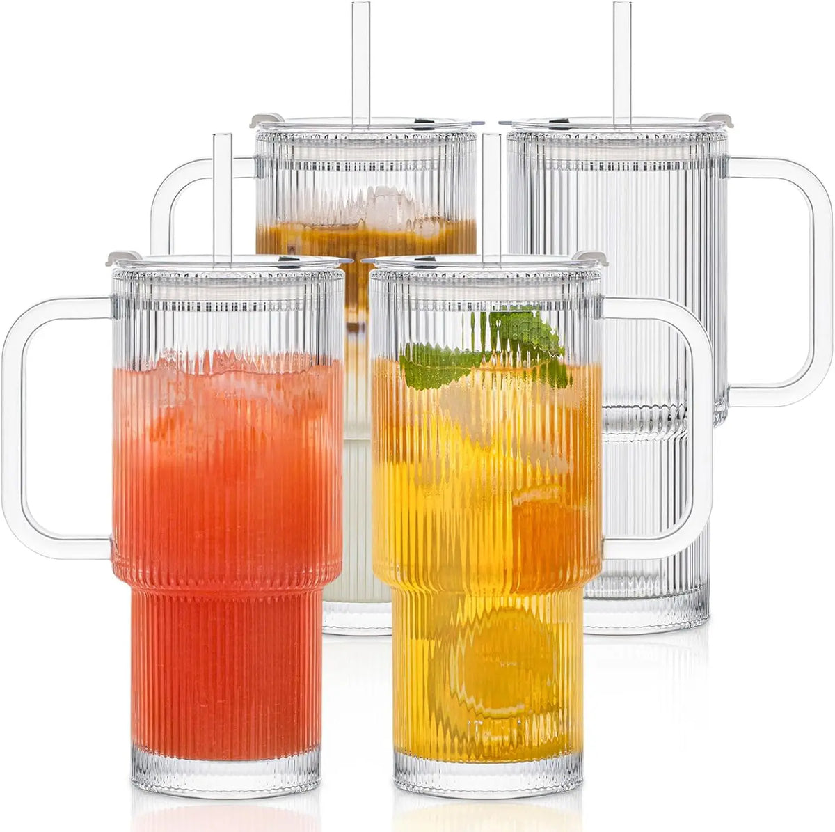 760ml Ribbed Glass Tumbler with Lid & Straw | KEMORELA Set Glass Tumbler Set Axl 4PCS 760ml