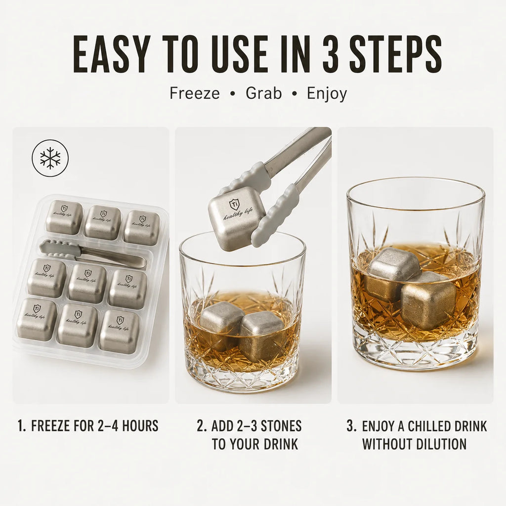 Titanium Stainless Steel Reusable Ice Cubes Set with Tongs Whiskey Stones Set Axl