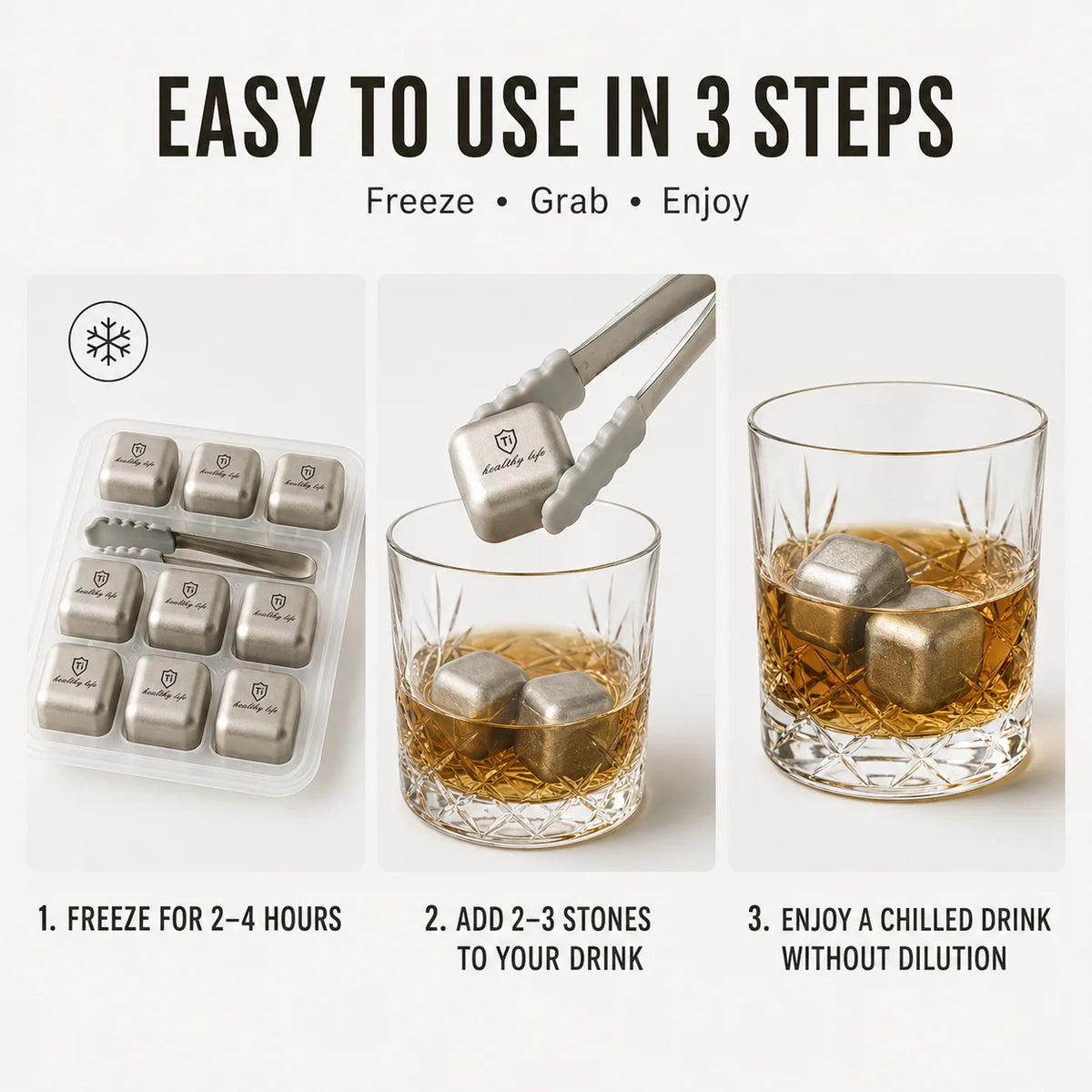 Titanium Stainless Steel Reusable Ice Cubes Set with Tongs Whiskey Stones Set Axl