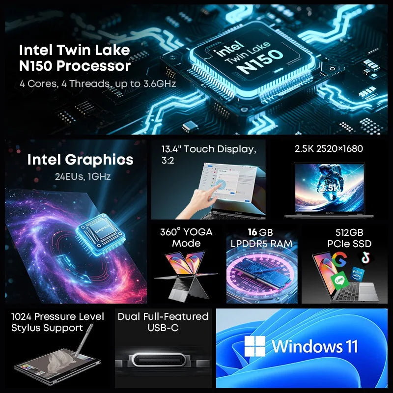CHUWI FreeBook 2-in-1 Laptop 13.5" Touch Intel N150 512GB SSD 2-in-1 Laptop Axl