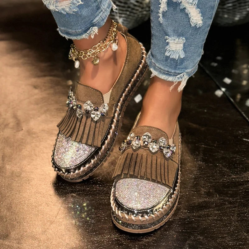 Women's Rhinestone Cow Suede Loafers – Flat Slip-On Shoes Suede Loafers Axl