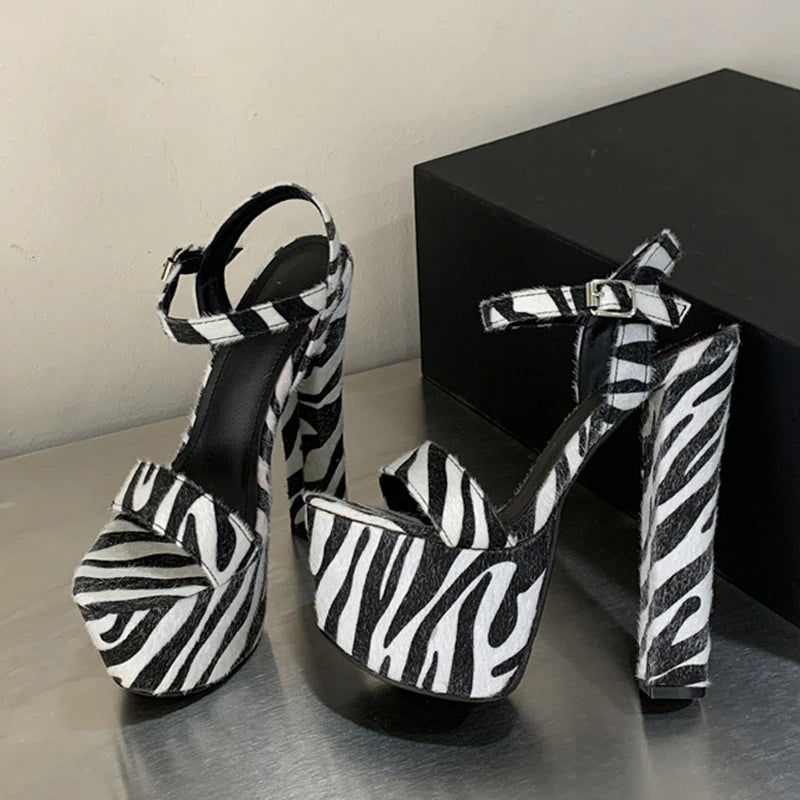 Women's Zebra Stripe Furry Platform High Heel Sandals Platform Heeled Sandals Axl