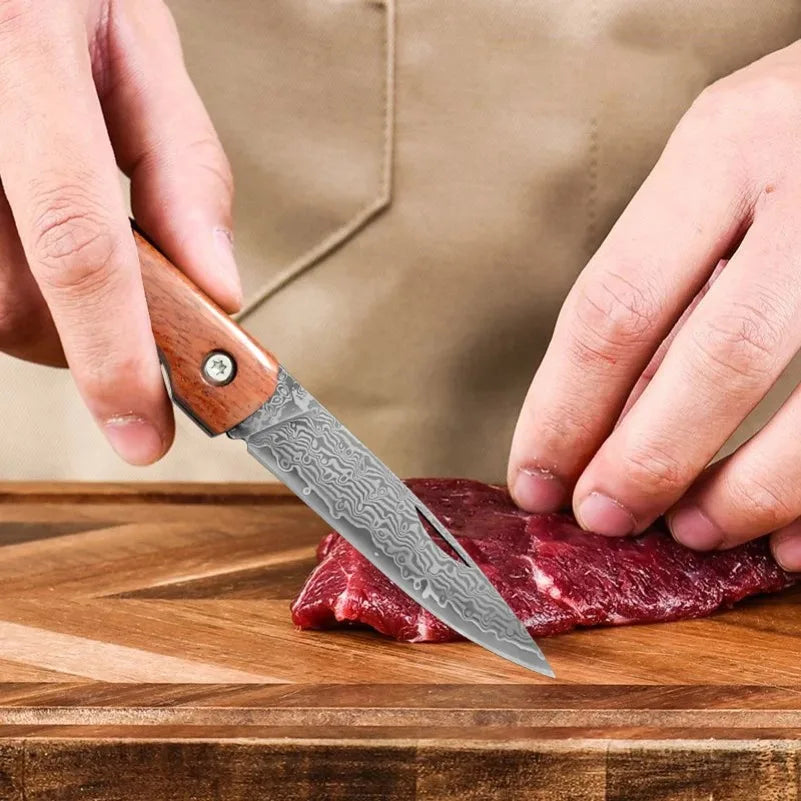 InLeung Damascus Steel Folding Knife – Sharp Wood Handle Folding Kitchen Knife Axl