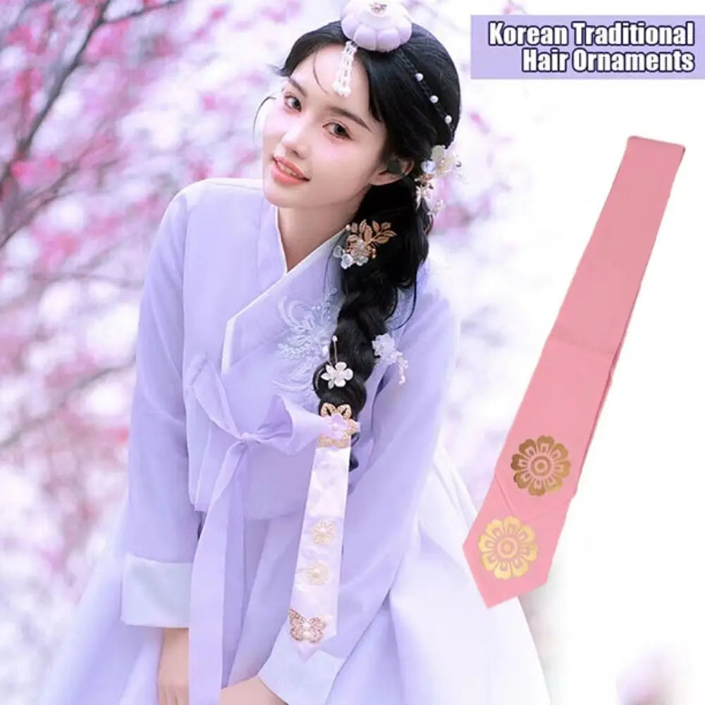 Korean Hanbok Headband – Floral Ribbon Hairband for Dance Costume Costume Headband Axl