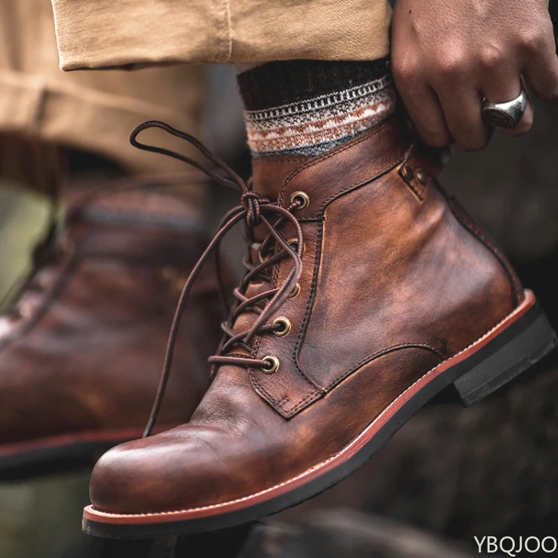 Men's Retro Lace-Up Ankle Boots – Leather-Look Motorcycle Boot Men's Ankle Boots Axl