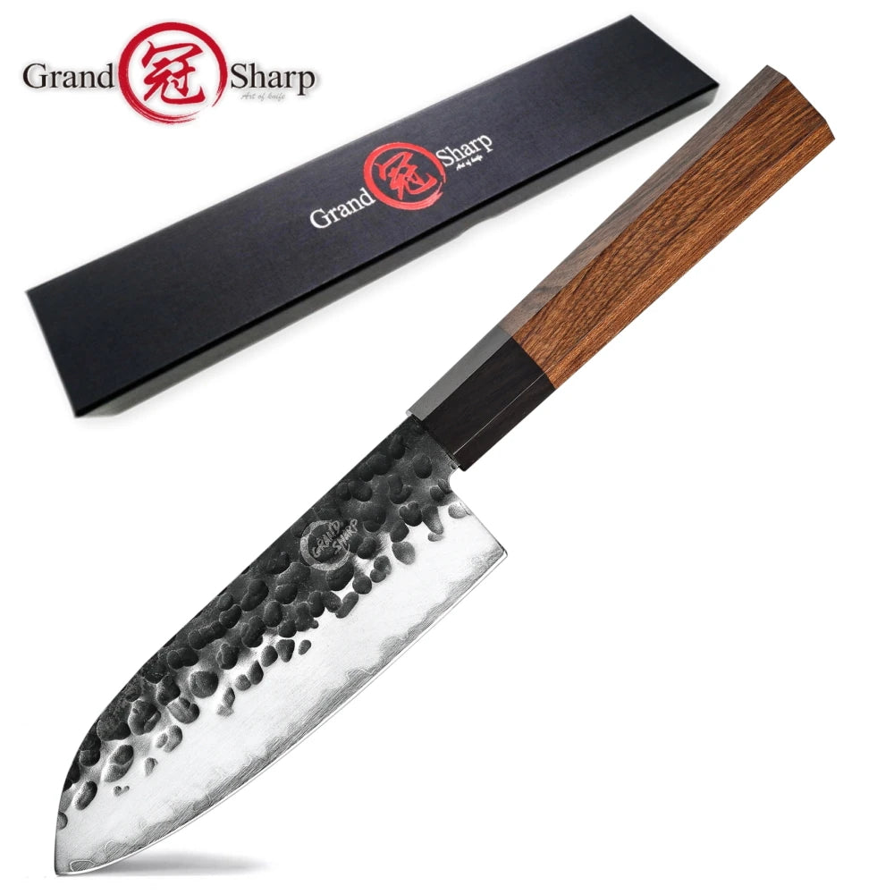 Grandsharp 5" Santoku Knife – AUS-10 Steel & Wooden Saya Box Santoku Kitchen Knife Axl HM-19B